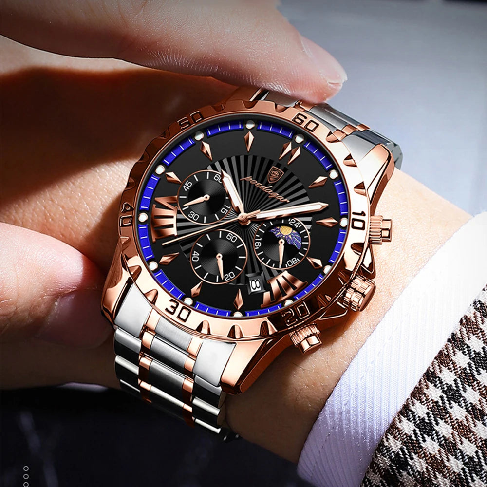 POEDAGAR Trend Men's Watches Multifunctional Fashion Original Quartz Watch for Man Waterproof Chronograph Wristwatch Moon Phase