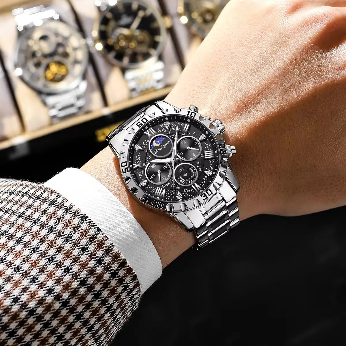 POEDAGAR Business Men Watch Sport Quartz Man Wristwatch Waterproof Luminous Chronograph Stainless Steel Men's Watches Male Reloj