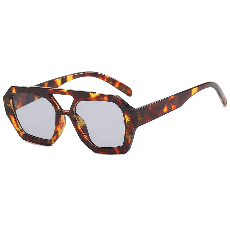 Vintage Square Sunglasses for Women Men Thick Frame Double Bridges Eyewear Female Fashion Chic Polygon Sun Glasses Leopard Blue